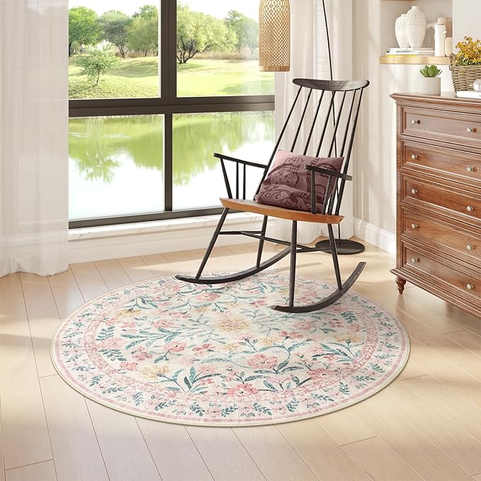 Wonnitar Pink Floral Round Rugs 5ft, Soft Circle Rug Non Slip Washable Round Carpet, Boho Non-Shedding Flower Distressed Circle Carpets for Bedroom Girls Room Nursery