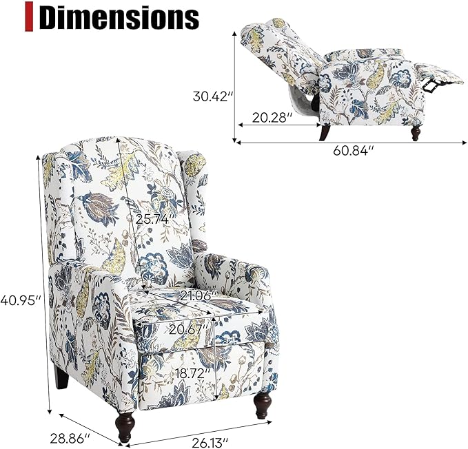 Upholstered Wingback Recliner Chair - Traditional Push Back Recliner Chair with Padded Seat, Fabric Floral Recliner Wingback Chair, Mid Century Modern Armchair for Living Room