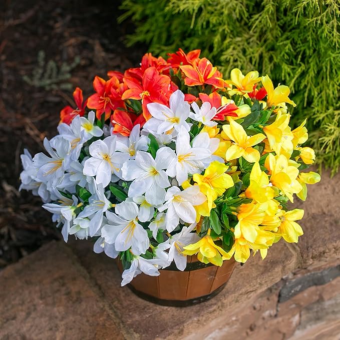 Artificial Fall Flowers for Outdoors, 3 Bundles Faux Azalea Bouquet Silk Flower for Outside UV Resistant Realistic Fake Outdoor Flowers for Planter Porch Patio Garden Walkways Home Fall Decor, Mix