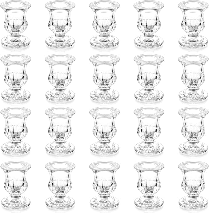 20 Pcs Glass Taper Candle Holders - Romadedi Clear Small Candlestick Holder Bulk, Thicker Glass Candle Sticks Set for Wedding Christmas Party Dining Table Table Centerpiece Decor