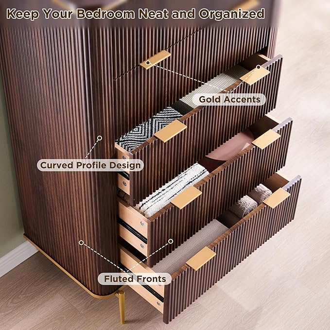 T4TREAM Fluted 5 Drawers Dresser for Bedroom, 48" Tall Modern Dresser Chest of Drawers, Gold Accents, Fluted Fronts, Wood Storage Dressers Organizer for Bedroom, Living Room, Dark Walnut
