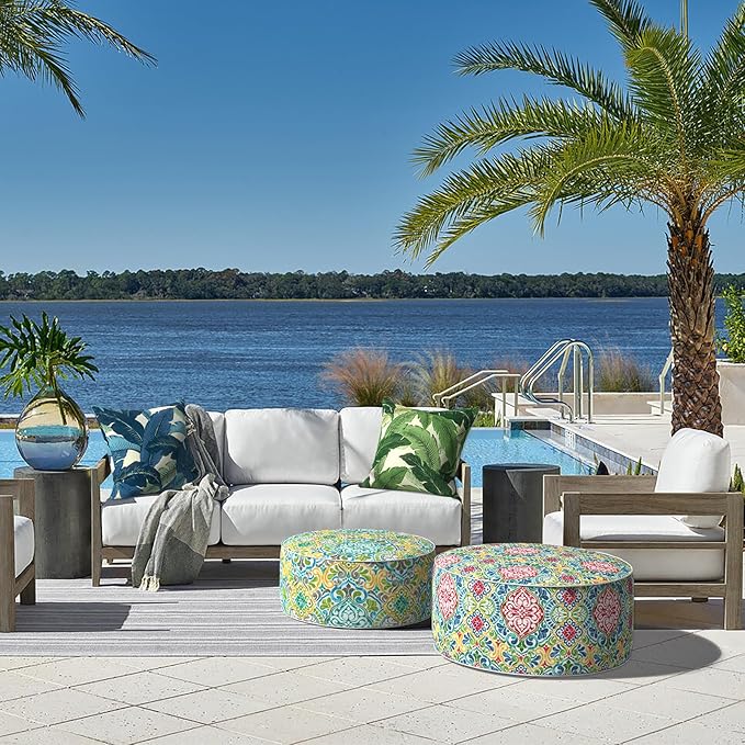 LVTXIII Indoor/Outdoor Inflatable Ottoman, D31 x H14 Inch Large Round Ottoman, All Weather Foot Rest Stool, Portable Footrest for Patio, Garden, Camping and Home - Damask Red