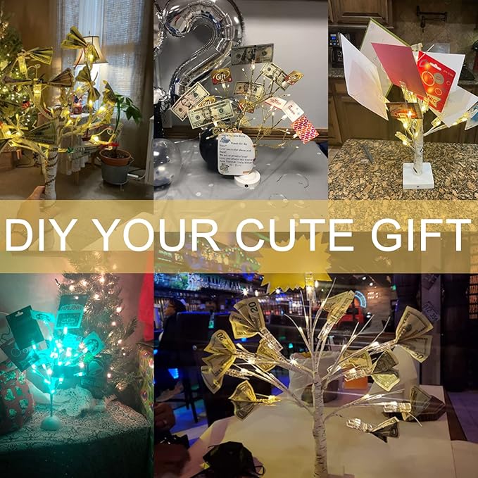 Money Tree Gift Card Holder - DIY Birch Tree Lamp with 12 Clips and 24 Twig LEDs, Display Money Cash Photo for Birthday Christmas Home Party Festival Wedding