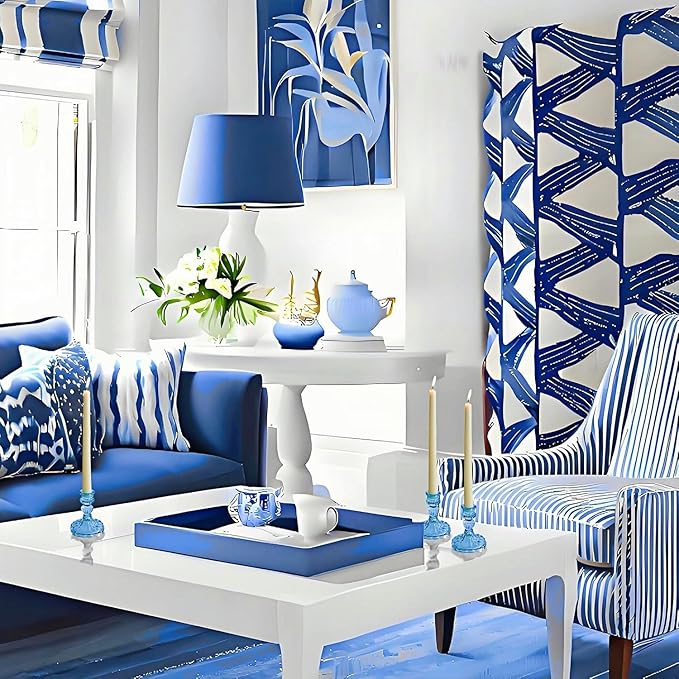 Glass Candlestick Holder,Striped Taper Candle Holders,Set of 6 Candle Stand for Table Centerpieces, Home Decor,Weddings,Festival and Parties (Bule Dimond)