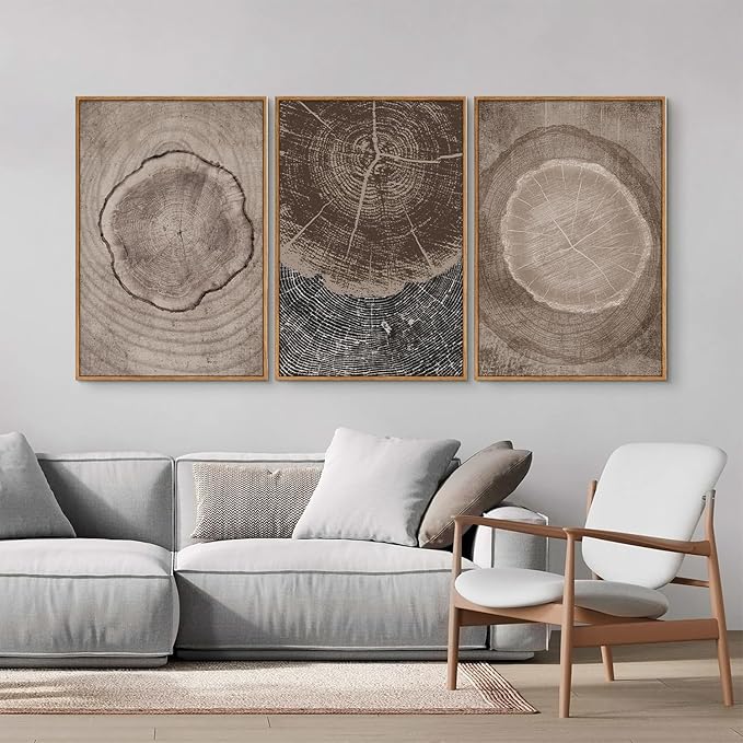 SIGNINART Beige Tree Ring Framed Canvas Wall Art Set, Abstract Black and White Rustic Wood Wall Decor, Neutral Wood Stump Artwork, Modern Art Prints for Bedroom Living Room Office 16"x24"x3