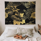 HZOHNAGO Japanese Tapestry Gold Flowers Umbrella Fan Pattern Printed Wall Tapestry Painting Wall Hanging for Bedroom Living Room Dorm 80" W x 60" H