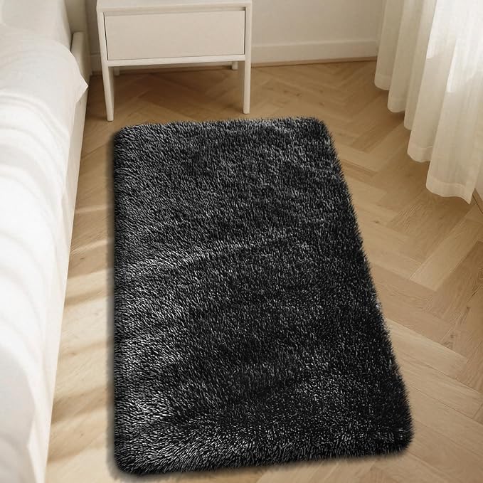 Fluffy Rug Shaggy Area Rug, Black 3x5 Area Rugs for Bedroom, Small Bedside Rug, Soft Fluffy Shaggy Entryway Throw Rugs for Living Room Bedroom Kids Room Home Decor