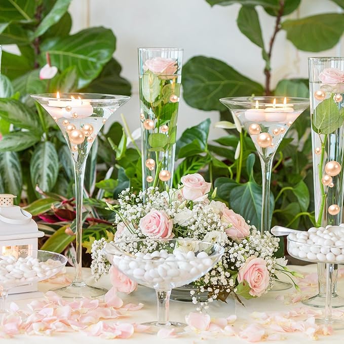 100PCS Champagne Faux Pearls Beads for Centerpiece Vases, Vase Filler Faux Pearls, No Holes Filler Beads for Party Anniversary Birthday Wedding Table Decor, 14/20/30mm