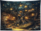 HVEST Fantasy Library Bookshelf Tapestry Wall Hanging Fairytale Tree Magic Bookshelf Tapestry Aesthetic Retro Vintage Tapestries for Bedroom Living Room Dorm, 51L x 59W Inches