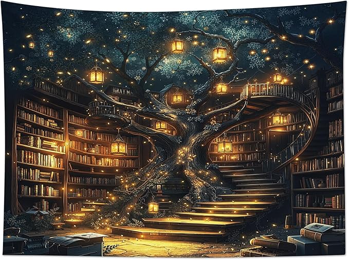 HVEST Fantasy Library Bookshelf Tapestry for Classroom Fairytale Tree Magic Bookshelf Wall Decor Retro Vintage Tapestry for Bedroom Living Room Study Room Dorm, 60L x 80W Inches