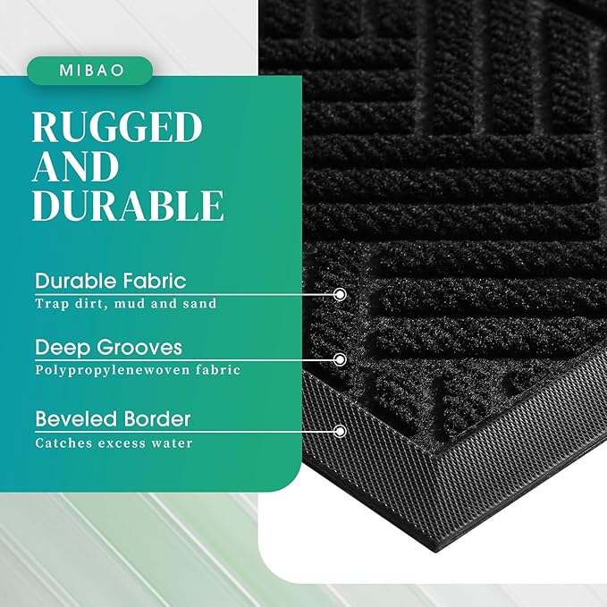 Mibao Front Door Mat Outside Entrance, Durable Outdoor Indoor Mat, Low Profile Heavy Duty Doormat, Non-Slip, Traps Dirt and Moisture, Easy Clean Patio Porch Entryway Mat, 36" x 24", Black