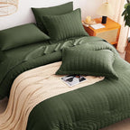 CozyLux Queen Comforter Set Olive Green Seersucker 7 Pieces Bed in a Bag Queen Comforter Set with Sheets Luxury Soft Bedding Set with Down Alternative Comforter, Sheets, Pillowcases & Shams All Season