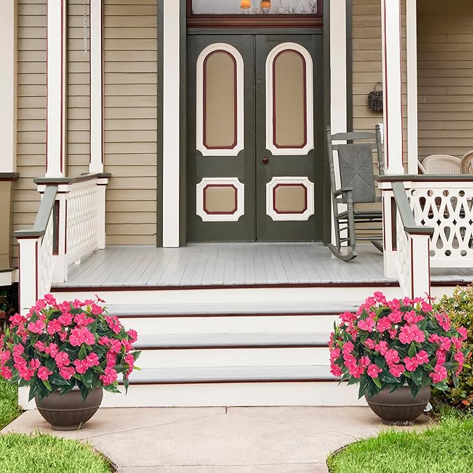 UUqueeten Fall Decorations for Home Fake Fall Flowers Fake Plants Artificial Impatiens Bouquet Flowers for Outdoors Silk Faux Flowers Impatiens Plants Decor Indoor Planters 15.7" (Rose Red) 8PCS