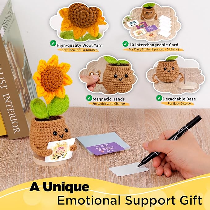 Crochet Sunflower Doll with Positive Cards – Emotional Support Stand with Magnetic Hands Hold Custom Cards - Thank You for Helping Me Grow Gift for Teachers, Coworkers & Friends