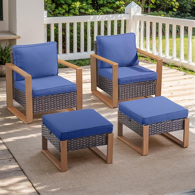 Outdoor Wicker Patio Furniture Set - 4 Piece Patio Conversation Set with 2 Wicker Armrest Chairs,2 Rattan Ottoman, Sturdy Frame, Thick Cushions, Deep Seating(Brown/Blue)