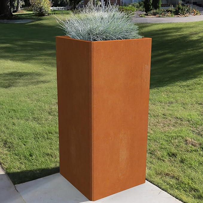 Cor Ten Steel Planter 26 Inch Tall Planter with Drainage Holes, Rust-Resistant/Heavy-Duty Metal Planter Box for Garden, Patio, Porch & Yard (14x14x26in)