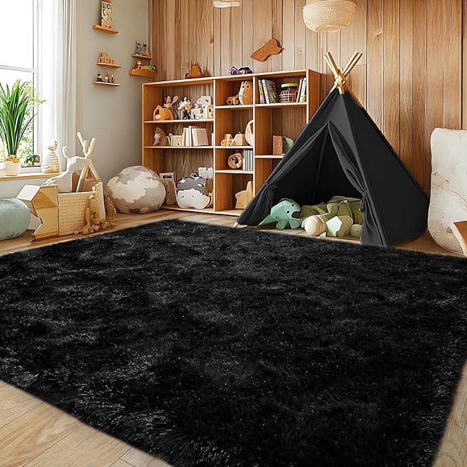 Soft Fluffy Rug for Living Room, 4x6 Black Shag Area Rug for Bedroom Living Room, Non-Slip Fuzzy Carpet for Girls Boys Kids, Throw Rugs for Dorm, Modern Home Decor Aesthetic
