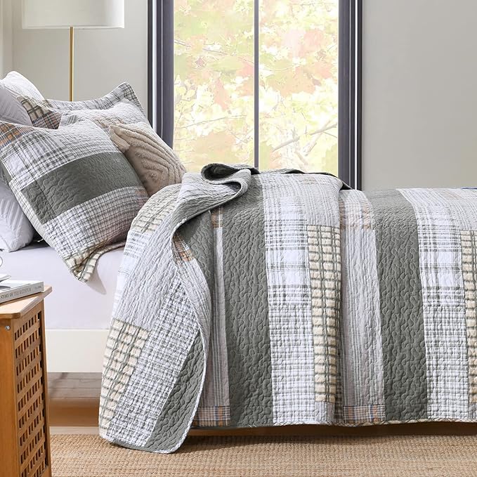 Y-PLWOMEN Quilts Queen Size - 100% Cotton Greyish Green Queen Quilt Farmhouse Plaid Quilted Bedspread, 3 Pieces Lightweight Reversible Queen Size Quilt Bedding Set for All Season