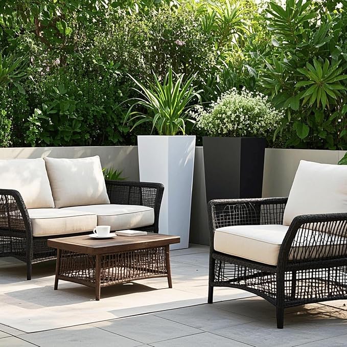 GreenShip 27" Tall Planters, Set of 2 – Black Outdoor Planter for Front Porch & Tall Plants, Weather-Resistant, with Drainage Hole & Rubber Plug (No Plants Included) (White-2pcs)