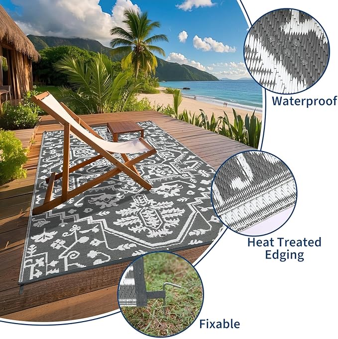 Waterproof Outdoor Rug 9x18 Reversible Plastic Straw Patio Rug, Stain-Resistant Vintage Medallion Carpet, Large Indoor Outdoor RV Mat for Deck, Camping, Balcony, Grey White