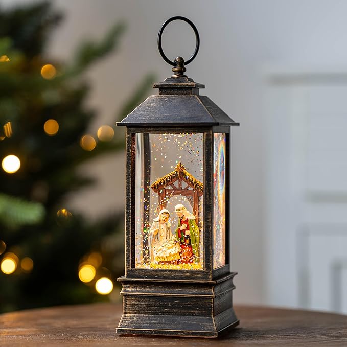 10'' Musical Snow Globe Lantern Lighted Nativity Manger Scene Water Lantern Swirling Glittering Home Decoration and Gift, Battery Operated or USB Powered