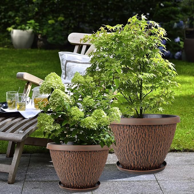 4 Pack 12 Inch Pots for Plants, Plastic Outdoor Flower Pots with Drainage Hole & Tray, Large Planters for Garden Porch Home Indoor Outdoor Decor - Pebbles Pattern Design Plant Pots