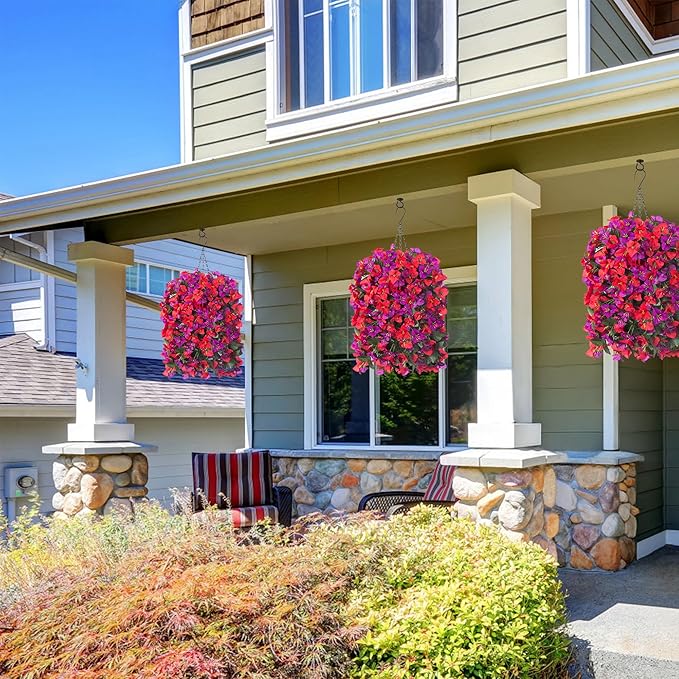 Artificial Bougainvillea Faux Flowers Plants Baskets for Outdoor Outside Decoration, 3PCS Fake Silk Flowers Long Trailing Vines UV Resistant Realistic for Front Door Porch Patio Balcony, PurpleRed