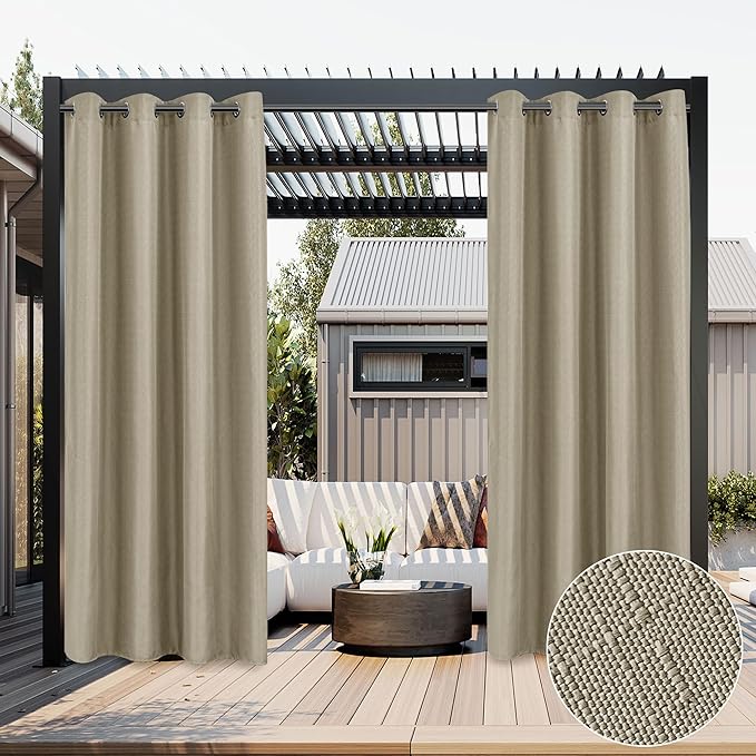 HolidayIdeas 2 Panels Linen Outdoor Curtains for Patio Waterproof Taupe Curtains 54"x 95"-Outside Curtains Weatherproof, Privacy, Textured for Pergola, Porch, Cabana, Gazebo