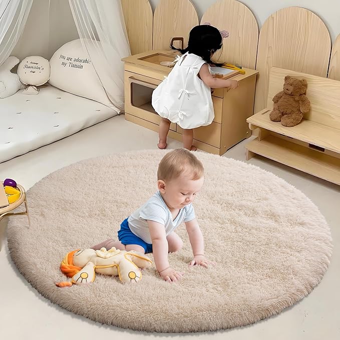 Fluffy Round Area Rugs for Bedroom,5'X5'Shag Circle Area Rugs for Girls Room,Non Slip Fuzzy Plush Rug for Kids Room Living Room and Dorm Home Decor Rug