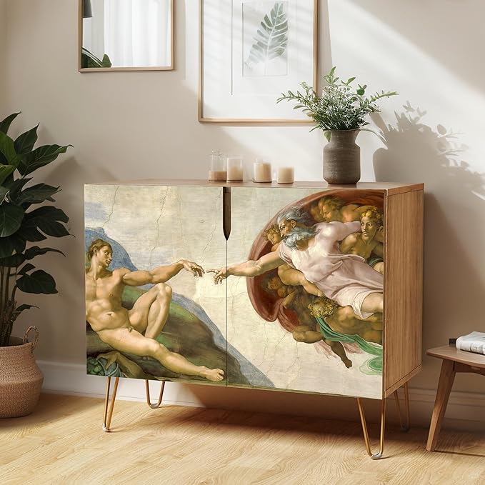 SIGNWIN Sideboard Buffet Cabinet, Kitchen Storage Cabinet with 2 Doors, The Creation of Adam by Michelangelo Vintage, Cupboard Console Table for Dining Room - 35" L x 18" W x 29" H