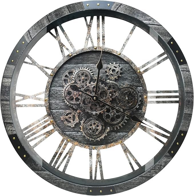 DORBOKER 40" Original Moving Gears Wall Clock, Large Industrial Wall Clock for Living Room Decor,Oversized Wood Vintage Farmhouse Steampunk Rustic Clocks for Wall Decor,Carbon Gray