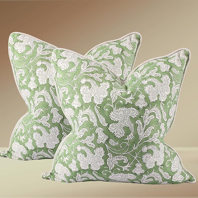 Ridhi Sage Green Block Print Canvas Cotton Throw Pillow Covers for Decorative Couch Pillows for Living Room, Chic Boho Cute Outdoor Thanksgiving Pillows Covers Gifts 18x18 Inches