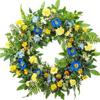 WANNA-CUL 24 Inch Spring Summer Carnation Wreaths for Front Door, Spring Front Door Wreath with Blue &Yellow Flowers Door Wreath with Pomegranates,Daisy for Wedding