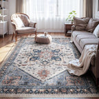 Washable Rugs for Living Room 8x10 Area Rug Soft Living Room Carpet-Rugs for Bedroom Vintage Oriental Floral Dining Room Non Slip Blue Rust