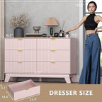 Fluted 6 Drawer Dresser, 47.2" Wide Modern Boho Chest of Drawers, Wooden Storage Dresser TV Stand for Bedroom, Living Room, Closet, Hallway, Curved Profile Design