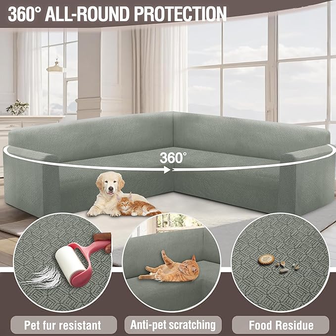 HDCAXKJ Sectional Couch Cover L Shape Stretch Sofa Covers Washable Jacquard Corner Couch Slipcover Non Slip Sectional Slip Cover U Shaped Furniture Protector for Pets Dogs (Grayish Green, Medium)