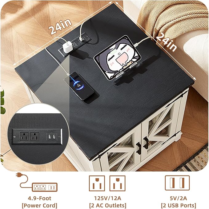 Farmhouse End Table with Charging Station, 24" Large Sofa Side Table with Glass Barn Door,White Nightstand with Adjustable Storage Shelf,Wood Square Bedside Table for Living Room,Bedroom