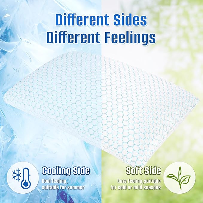 Shredded Memory Foam Pillow for Sleeping, Cooling Bed Pillows Set of 2, Adjustable Pillows for Side, Back, Stomach Sleepers with Washable Pillowcase (Queen Size, Blue)