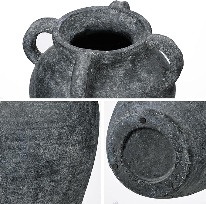 Handmade Flower Vase, 12" Tall Terracotta Vase, Vintage Black Ceramic vase, Rustic Antique Decor with 3 Handles, Wide Mouth, Matte Finish for Home Office Resto Café Décor