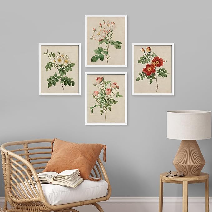 SIGNWIN Framed Vintage Colorful Wildflower Wall Art, Set of 4 Variety Floral Wall Decor Prints, Nature Wilderness Wall D¨¦cor for Living Room, Bedroom - 12"x16" White