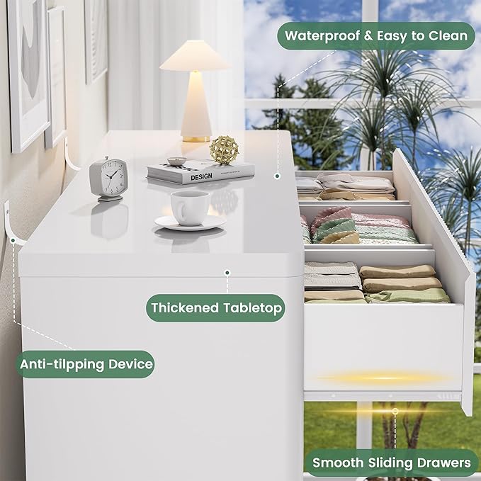 White 9 Drawers Dresser, 57" Wide Fluted Dresser for Bedroom, Modern Chest of Drawers with Curved Profile, Handleless, Wooden TV Stand with Organizer Storage for Living Room, Entryway