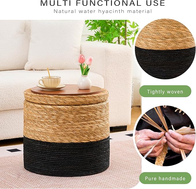 Wimarsbon Round Pouf Ottomans, Handwoven Natural Water Hyacinth Seagrass Pouffe,Outdoor Rattan Stool Accent Seat, Bohemian Coastal Home Decor (Storage - 18inch Natural Cattail & Black Corn Shell)