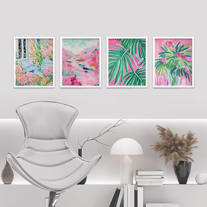 SIGNWIN Framed Tropical and Floral Bright Botanical Preppy Room Decor Pink Decor Digital Art Modern Art Decorative Multicolor Scenic for Bedroom - 11"x14"x4 White