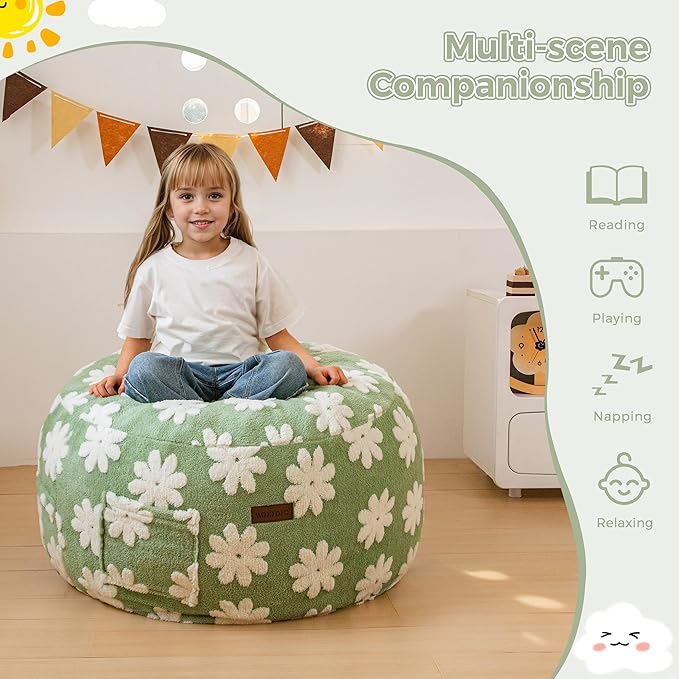 MAXYOYO Bean Bag Chair Bed for Kids, Convertible Bean Bag from Lazy Chair to Floor Bed, Fresh Floral Design Cover, Stuffed Floor Sofa Couch for Boys and Girls, High-Density Foam Filling, Green