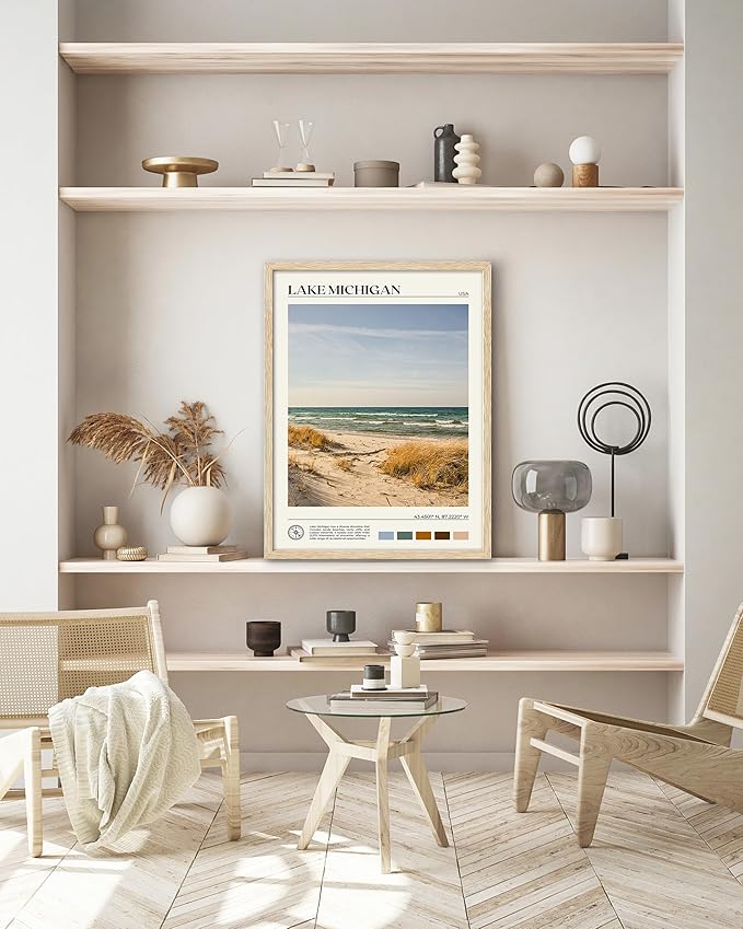 HesenDot Natural OAK Wood Lake Michigan Framed Wall Art,12x16in Natural Scenery Canvas Wall Print,Classic Urban City Landmark Wall Decor for Living Room,Bedroom,Office Gallery Gifts Set of 1