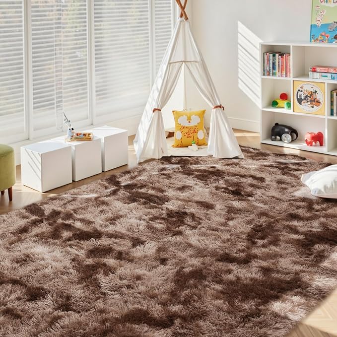9x12 Ft Extra Large Shag Brown Area Rug for Living Room, Tie-Dyed Ultra Soft Fluffy Furry Rugs for Bedroom Indoor Floor, Aesthetic Carpet for Kids Home Decor (Coffee)