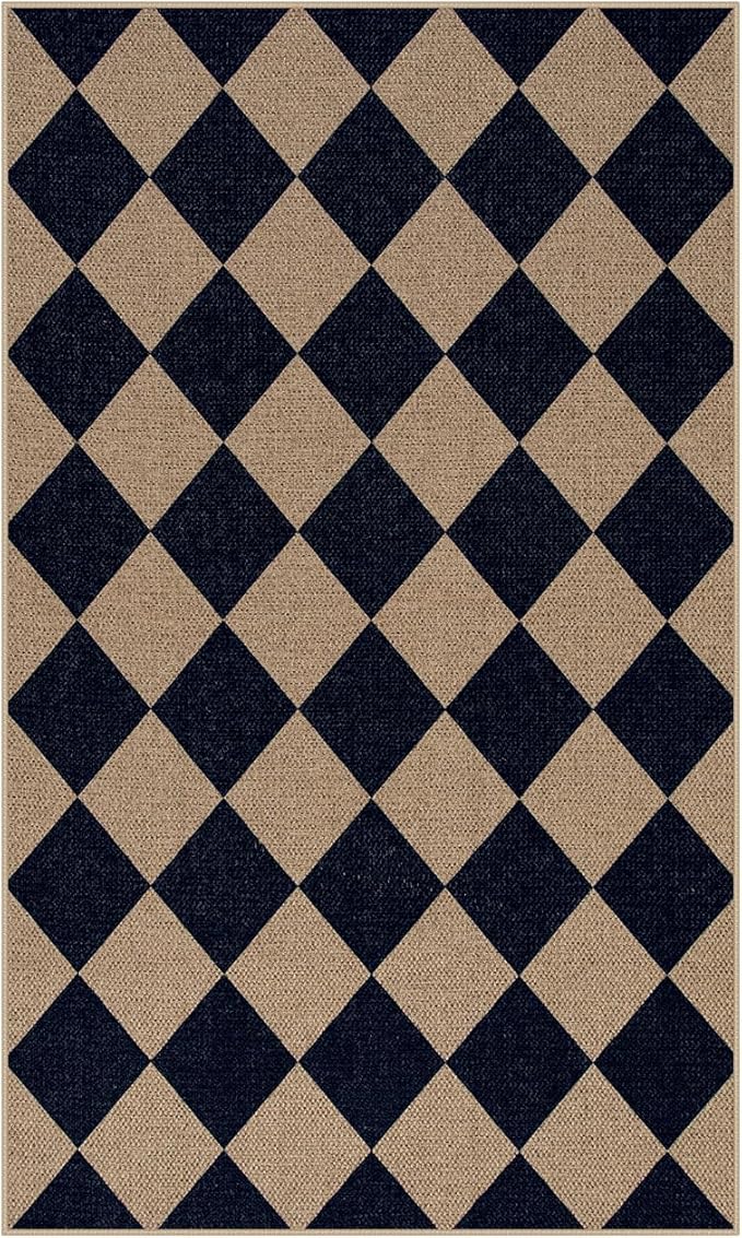 Lahome Checkered Easy Jute Entry Rug, 3x5 Black Outdoor Patio Rug for Living Room Farmhouse Neutral Carpet, Washable Non Slip Indoor Door Mat Diamond Carpet for Front Door Deck Camping