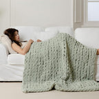 WESHIONGOO Chunky Knit Blanket Throw 50"×60" Knitted Throw Blankets for Couch Bed Fluffy Soft Blanket with Jumbo Chenille Yarn Thick 100% Handmade (Sage Green)
