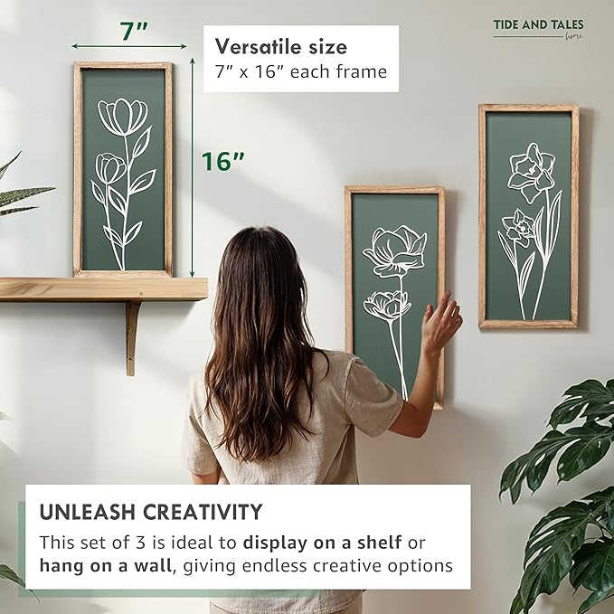 3D Floral Green Wall Art (Set of 3) Lightweight, Wooden Ready-to-Hang Boho Framed Wall Art for Bathroom, Master Bedroom, Living Room or Office - Premium Sage Green Farmhouse Decor - Gift-Boxed
