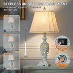 29.5"H Touch Control Traditional Table Lamp Set of 2,Vintage Bedside Lamp Nightstand Lamps with Dual USB Ports,3-Way Dimmable Hollow Out Leafwork Blue Washed Finish Desk Lamps for Living Room,Bedroom